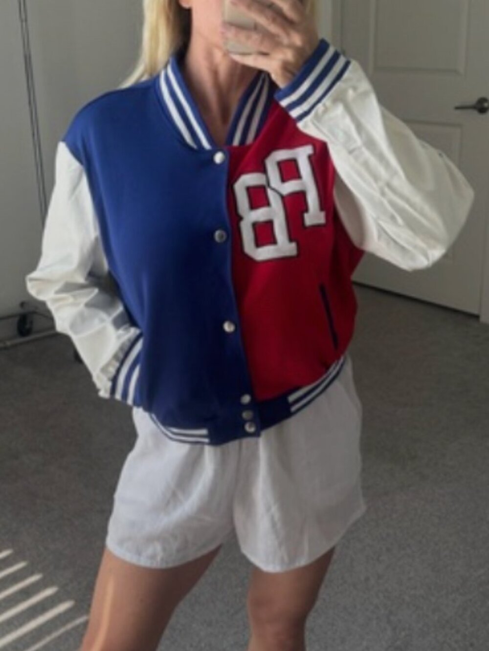 Colorblock Varsity Jacket with PB letters - Blue/Red/White Small or medium